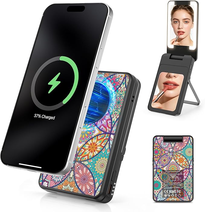 Magnetic Wireless Power Bank, 5000mAh Portable Charger with LED Makeup Mirror & Phone Stand, 20W USB-C Fast Charging Battery Pack for iPhone 17/16/15/14/13/12 Series, Black Mandala