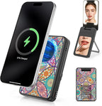 Magnetic Wireless Power Bank, 5000mAh Portable Charger with LED Makeup Mirror & Phone Stand, 20W USB-C Fast Charging Battery Pack for iPhone 17/16/15/14/13/12 Series, Black Mandala