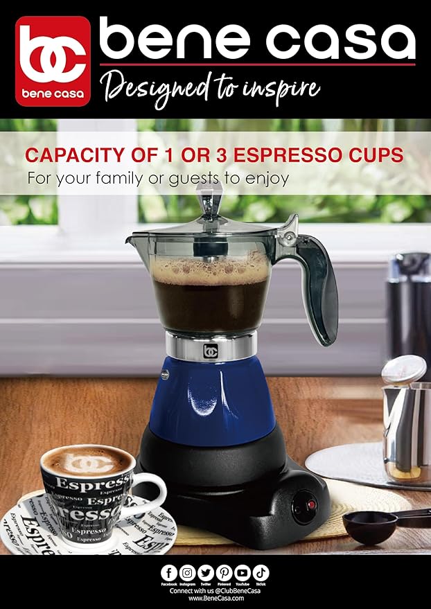 Bene Casa Blue Portable Electric Espresso Maker/Cafetera, 1-3 Cups/Shots (1, BLUE)