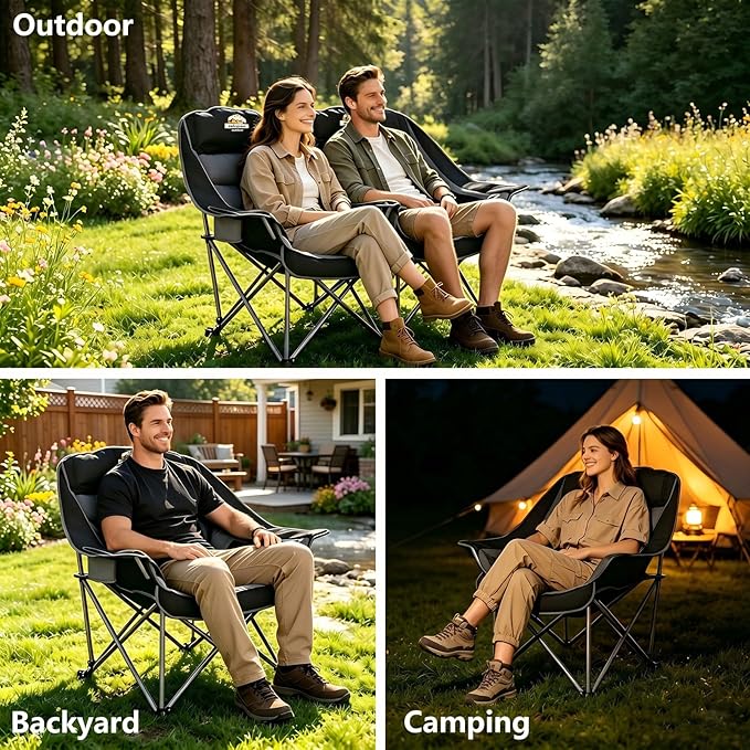 Colegence Oversized Camping Chairs Set of 2, Padded Camping Chair Heavy Duty Lawn Chairs for Adults, XL Foldable Camp Chair for Outdoor Sports, Baseball, Wide Seat Support 450LBS - Black and Grey