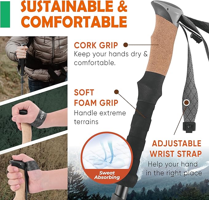 TREKOLOGY Trek-Z Cork Grip Trekking Poles – Lightweight Folding Hiking Poles, Adjustable Height, Compact Travel Design, Aircraft-Grade Aluminum Walking Sticks for Men & Women