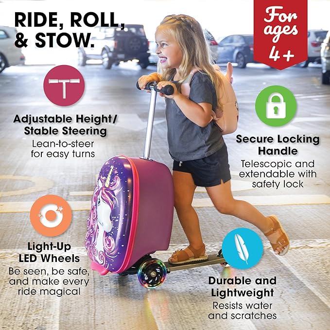 KIDDIETOTES Ride-On Scooter Suitcase for Kids – Hardside Lightweight Carry-On Luggage with Foldable Scooter, LED Wheels, Travel Fun for Toddlers & Children
