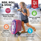 KIDDIETOTES Ride-On Scooter Suitcase for Kids – Hardside Lightweight Carry-On Luggage with Foldable Scooter, LED Wheels, Travel Fun for Toddlers & Children