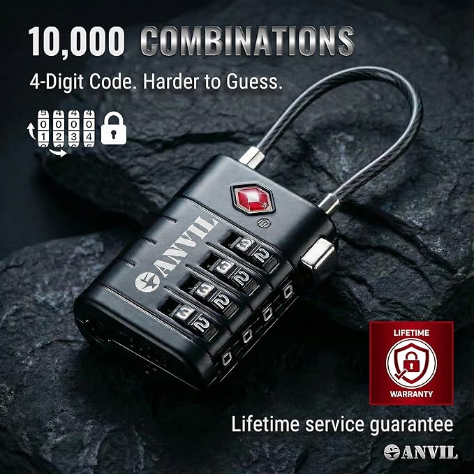 ANVIL TSA Approved Luggage Locks with Search Alert Indicator, 4-Digit Combination Suitcase Lock, Advanced TSA008 Core Heavy Duty Anti-Theft Travel Lock for Double Zippers, Backpacks (6, Black)