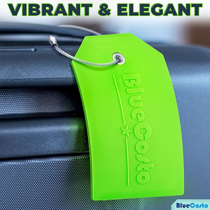 BlueCosto - Luggage Tags - Large, Green, 25 PK - Bulk PVC Suitcase Tags w/Privacy Cover & Stainless Steel Wire Loops - Multipack Personalized Baggage Identifiers for Travel - Backpack Name Labels