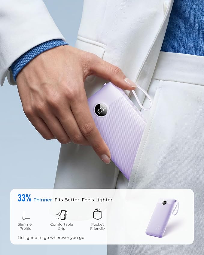 VRURC Portable Charger Slim 20000mAh Power Bank,22.5W PD Fast Charging Travel Essentials Powerbank 4-Built-in-Cables&2 Extra Ports Compatible with iPhone,iPad,Galaxy,Android (Purple)