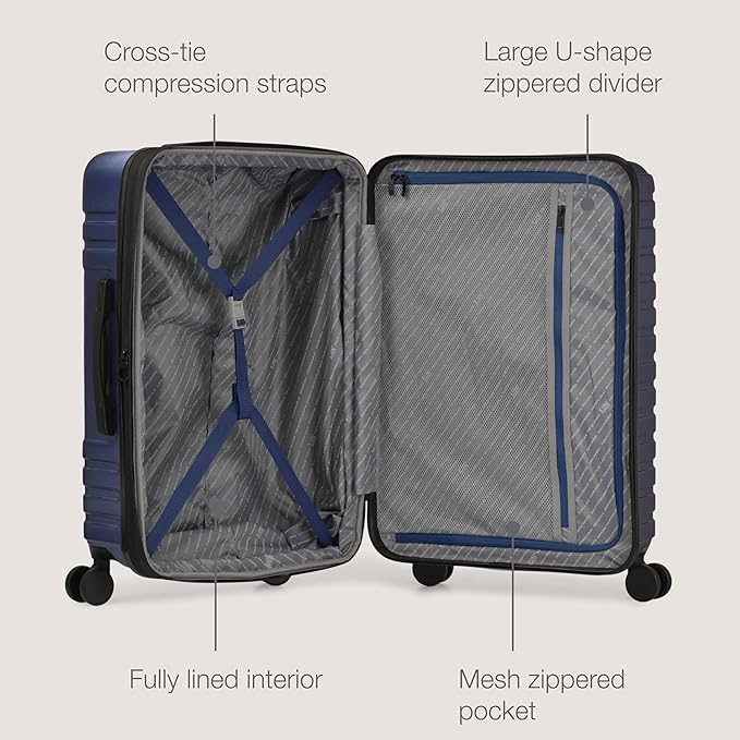 U.S. Traveler Boren Expandable Hardside Rugged Travel Luggage with 8 Spinner Wheels, Navy, Checked-Medium 26-Inch