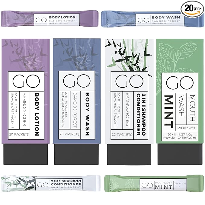 Go Essentials - Bundle Sets (Bamboo Forest and Refreshing Mint, 80 Packets Total (20 of Each)) Travel size mouthwash, shampoo/conditioner, body wash, body lotion.