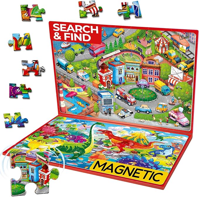 QUOKKA Magnetic Puzzles for Kids Ages 4-6 – 100 PCS Magnetic Puzzle Book for Toddlers 3-5 – 2 Puzzles & 2 Spot The Difference Maps – Search & Find Travel Games – Activity Book Dinos & City Cars