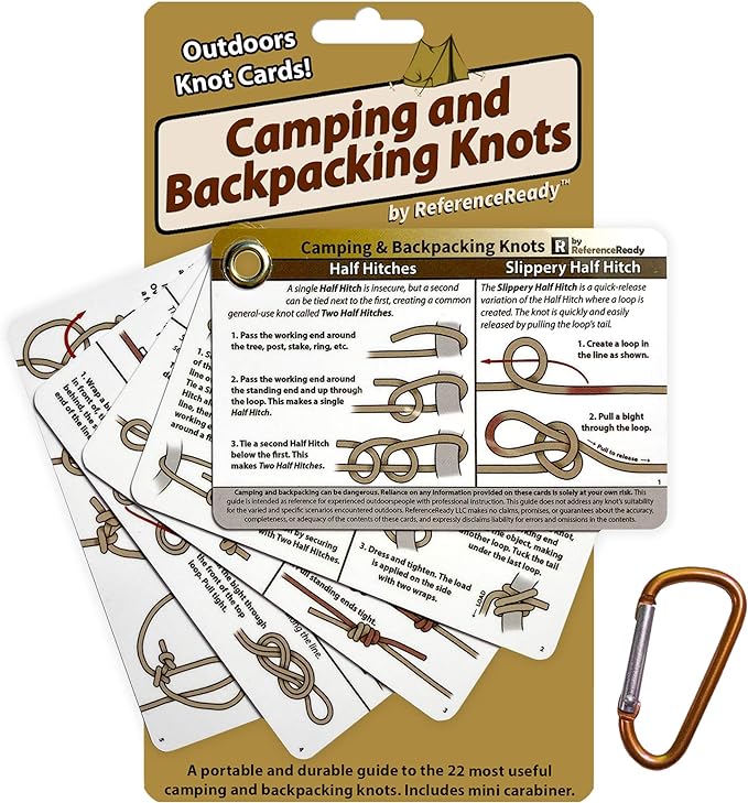 ReferenceReady Outdoor Knots Pocket Guide - Waterproof Knot Tying Cards with Mini Carabiner, 22 Rope Knots for Camping, Backpacking, Scouting and Wilderness Survival