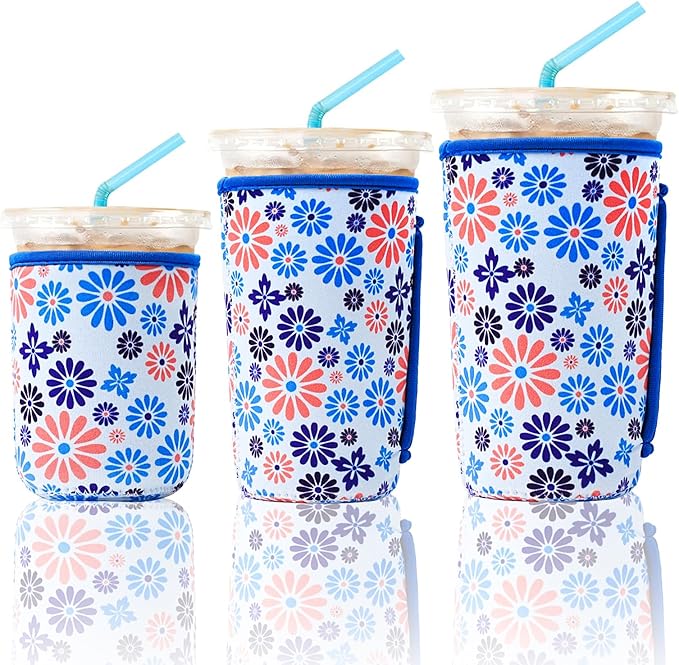 KJQJLY 3 Pack Reusable Iced Coffee Sleeves for Iced Coffee Cups or Drinks Reusable Neoprene Insulated Sleeves for Hot and Cold Drinks from Starbucks, Dunkin, And More (Blue Flower)