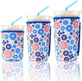 KJQJLY 3 Pack Reusable Iced Coffee Sleeves for Iced Coffee Cups or Drinks Reusable Neoprene Insulated Sleeves for Hot and Cold Drinks from Starbucks, Dunkin, And More (Blue Flower)
