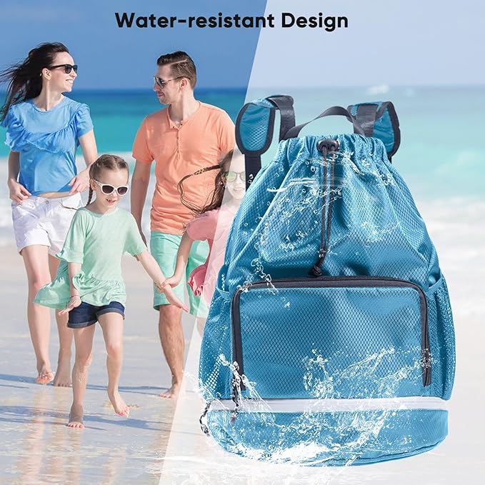 Swim Beach Sports Drawstring Backpack - Gym Bag with Shoes Compartment and Waterproof Pocket for Gym Accessories, Swim Essentials - Kids Mens Beach Workout Bag
