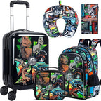 5Pcs Kids Luggage Set, 16" Boys Travel Suitcase with Spinner Wheels, Dinosaur Hardside Carry on Toddler Rolling Suitcase Airline Approved（Black）