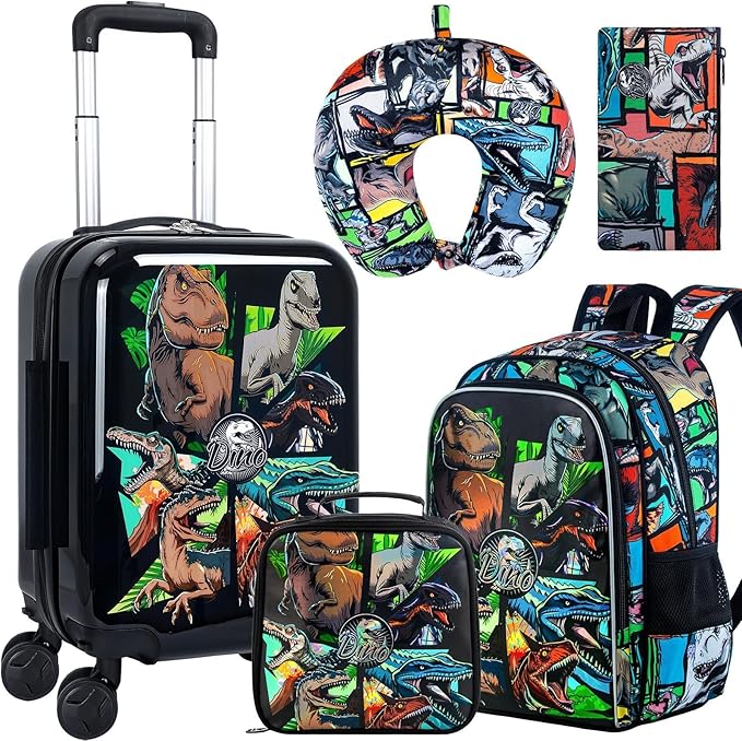 5Pcs Kids Luggage Set, 16" Boys Travel Suitcase with Spinner Wheels, Dinosaur Hardside Carry on Toddler Rolling Suitcase Airline Approved（Black）