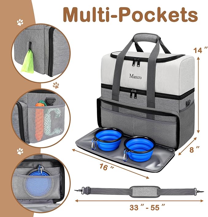 Mancro Dual Layers Dog Travel Bag, Pet Travel Bags with 2 Extra Large Food Containers, 2 Collapsible Dog Bowls, Multi-Pockets Tote Organizer for Pet Supplies, Road Trip Essentials, Weekend Camping