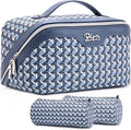 BOYATU Travel Makeup Bag Cosmetic Bags for Women: Large Capacity 3 Pcs Set Make up Bag with Compartments - Waterproof Vegan Leather Toiletry Organizer Bags with Handle (M-77Blue)