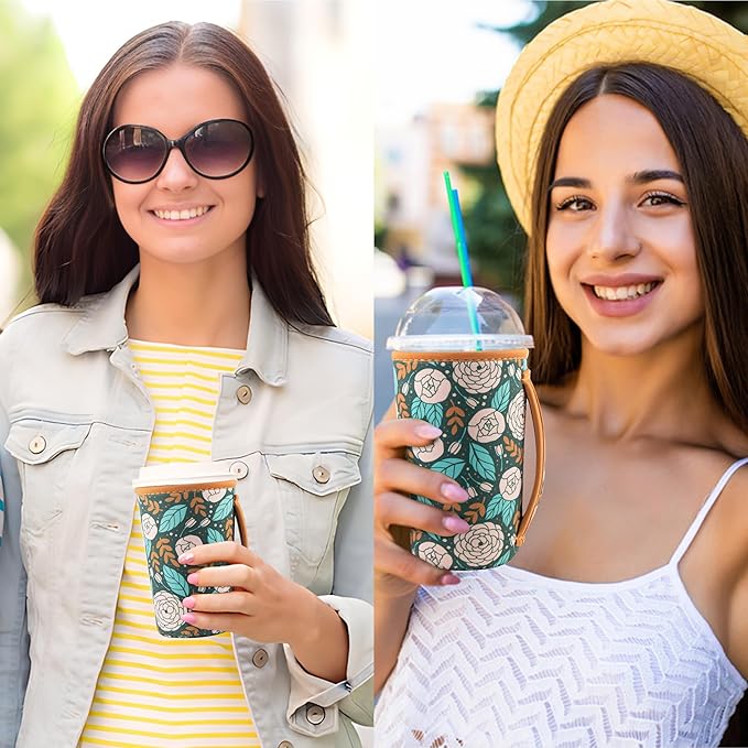KJQJLY 3 Pack Reusable Iced Coffee Sleeves for Iced Coffee Cups or Drinks Reusable Neoprene Insulated Sleeves for Hot and Cold Drinks from Starbucks, Dunkin, And More (Roses)