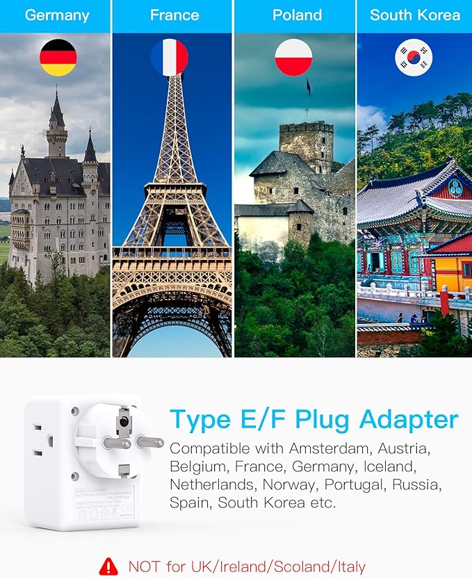 2 Pack Germany France Travel Plug Adapter with 3 Outlets 1 USBA 2 USB C, One Beat Type E/F International Power Adapter, Travel Essentials US to Europe France Germany South Korea Netherlands