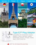 2 Pack Germany France Travel Plug Adapter with 3 Outlets 1 USBA 2 USB C, One Beat Type E/F International Power Adapter, Travel Essentials US to Europe France Germany South Korea Netherlands