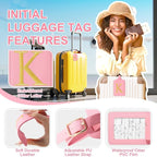 Personalized Initial Luggage Tags for Suitcase, Pink Leather Cute Luggage Tags with Privacy Cover Name Card, Embroidered Custom Monogrammed Luggage Tag Travel Bag Baggage Tags Gifts for Women Kids(K)