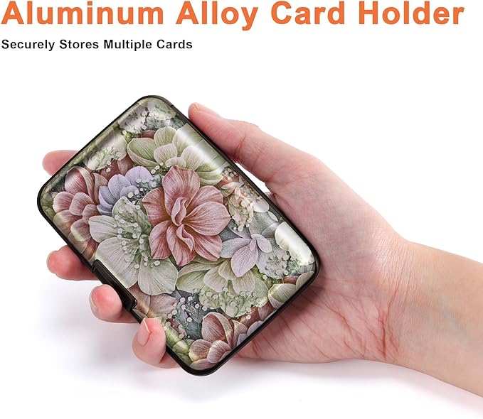 Mayski Credit Card Holder for Women, RFID Blocking, Aluminum Alloy Hard Case, Small Mini Metal Wallet for Women Men, Happy Flower