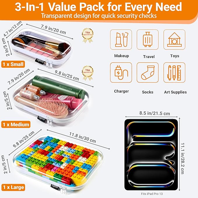 YQBRAO 3-Pack Clear Hard Shell Zipper Case, 1.2mm Heavy-Duty Crush-Proof Makeup Bag, Multi-Size Set (L+M+S) for Diaper Bag Organizer, Toys, Art Supplies & TSA Approved Clear Zipper Pouches