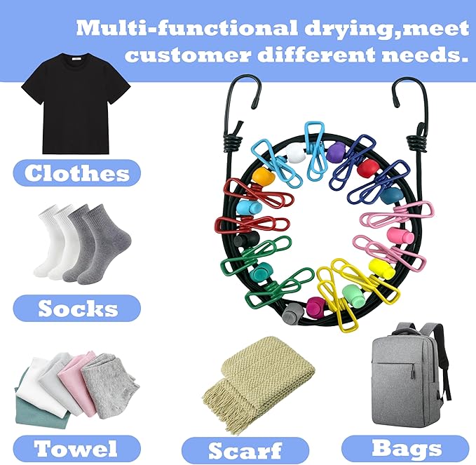 Portable Travel Clothesline,Adjustable Elastic Stretch Line with 12pcs Clothes Clips,for RV Outdoor and Indoor Camping Accessories (Black)