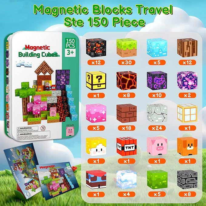 Magnetic Blocks Travel Magnetic Building Blocks Cubes - 150 PCS Tin Box Magnet Toys Set STEM Educational for Kids Ages 4-8 6-8 8-12 Year Old Boys Girls Gifts Birthday Christmas