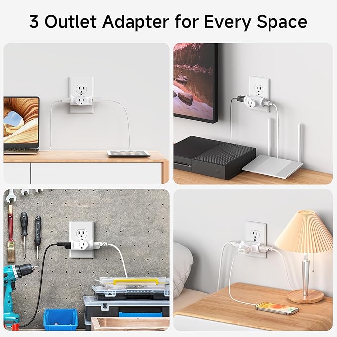 [ETL Listed] Cable Matters 3-Pack 3 Way Plug Adapter 15A 1875W, 3 Prong 3 Outlet Adapter, Power Splitter Plug Outlet, 3 Way Electrical Splitter, White