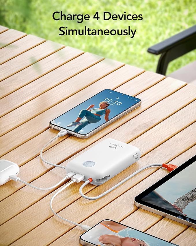 VIYISI Portable Charger 20000mAh 30W Fast Charging, Power Bank with Built-in Cables & LED Display, USB C Battery Pack for iPhone 16/15/14, Samsung, iPad and Android Phones, Ideal for Travel -White