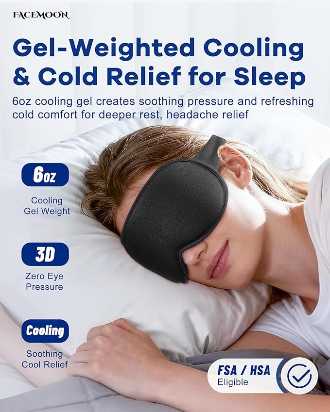 3D Weighted Cooling Gel Eye Mask for Sleeping, FSA Eligible Items HSA, 6oz Gel-Weighted Sleep Mask, 100% Blackout, Gentle Pressure & Cold Relief for Migraine, Ice Cold Mask for Travel Essentials