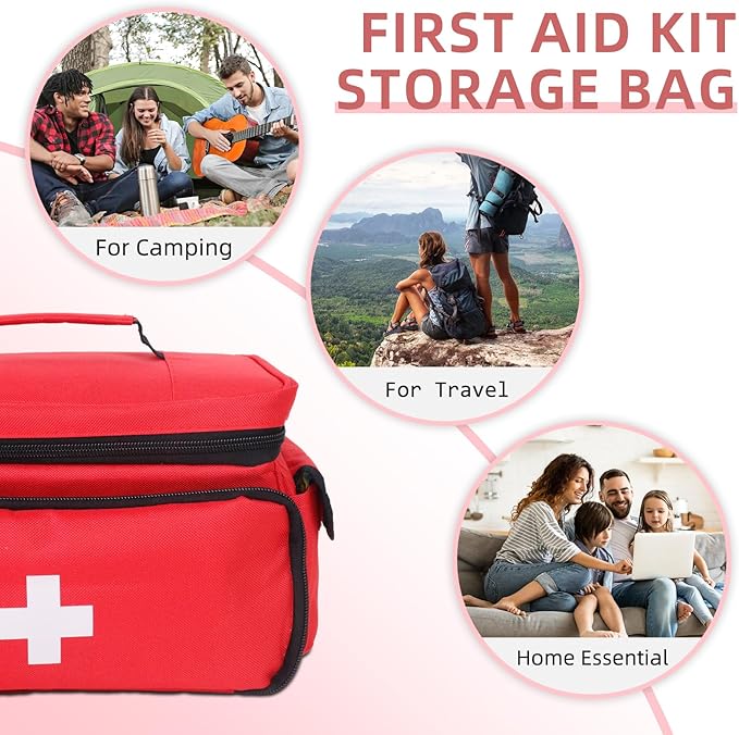 ALSLEA First Aid Bag Empty First Aid Kit Storage Box 12" x 9" x 7" Medical Bag Portable Pill Bottle Organizer Case for Car, Travel, Office, Outdoor, Camping, Hiking, School (Red)