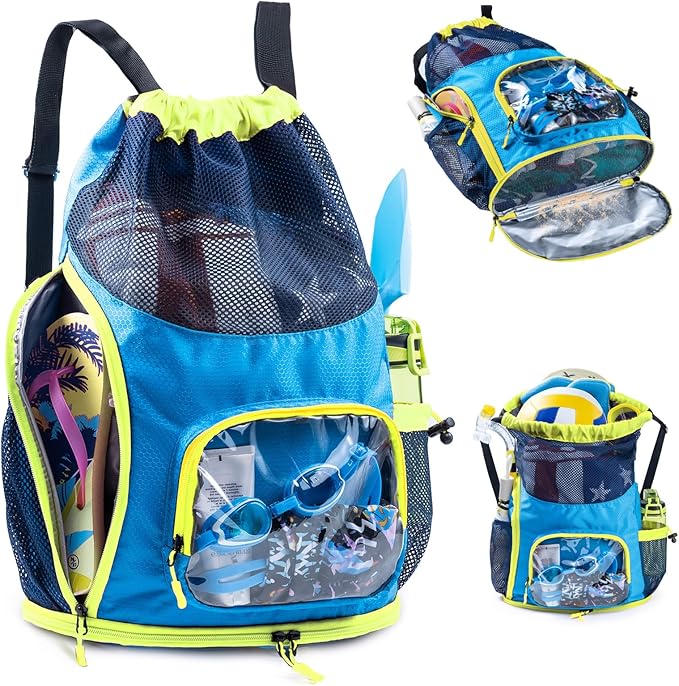Mesh Drawstring Backpack with Shoe Compartment, Sandproof Beach Swim Bag with Wet Pocket, Pool Gym Shower Bag for Travel Summer Camp