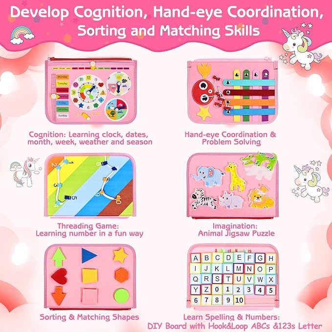 Esjay Toddler Busy Board Montessori Toys for Girls, Sensory Book Educational Activities for Learning Fine Motor Skills, Birthday Gifts for Girls Toddlers, Travel Toys for Airplane Car, Fairy Horse