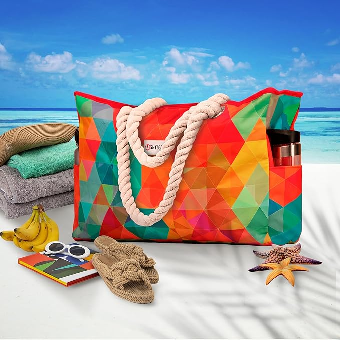 Beach Bag and Pool Bag Has Cooler Pocket, 7 Pockets Total, Zip Top. Family Size Waterproof Beach Tote