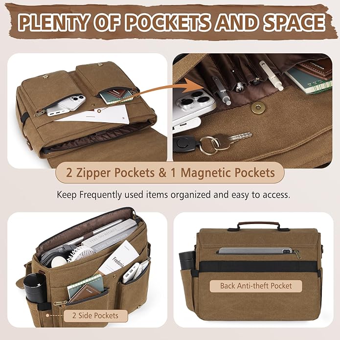 RAINSMORE Messenger Bag for Men 15.6-17.3 Inch Laptop Bag Water-resistant Canvas Briefcase Computer Satchel for Work College