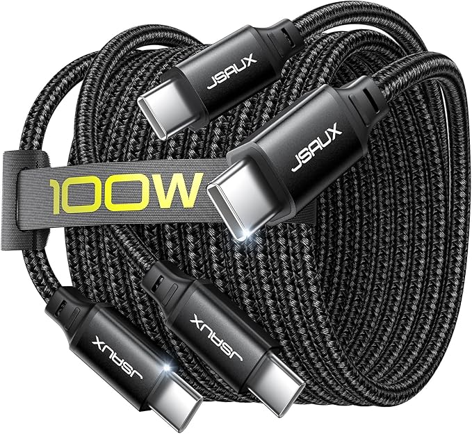 JSAUX 100W USB C to USB C Cable [2-Pack 6.6FT], Type C Fast Charging Cord for iPhone Air/iPhone 17/iPhone 17 Pro/iPhone 17 Pro Max, iPhone 16/15 Series, Galaxy S/Note Series, MacBook, iPad - Black