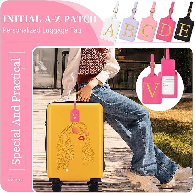 Rose Red Personalized Initial Leather Luggage Tags with Privacy Cover Name Card, Custom Monogram Embroidered Cute Travel Backpack Tag Gifts for Women & Kids