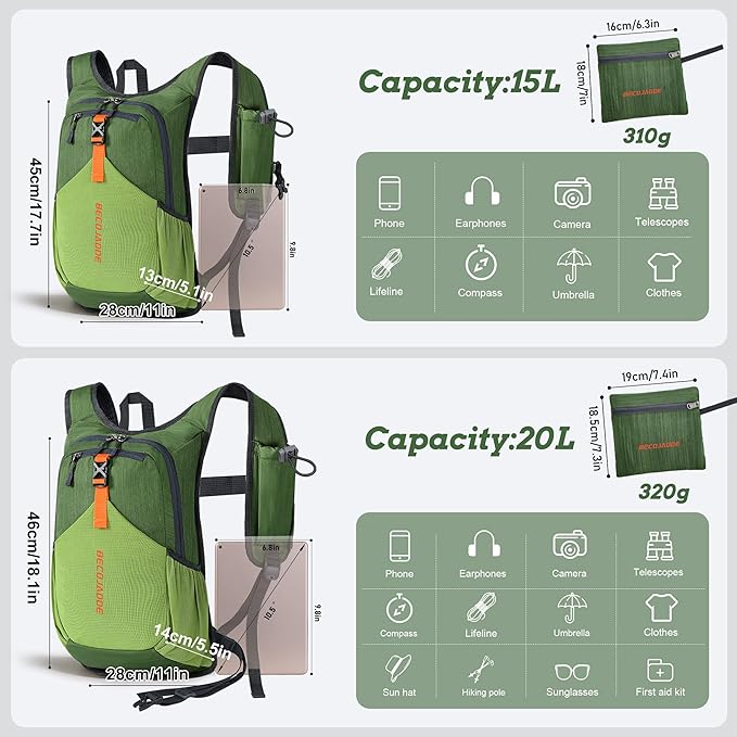BECOJADDE 20L Small Hiking Backpack for Men Women Foldable Packable Back Pack Ultralight Hiking Daypack for Travel Camping Outdoor, Olive Green