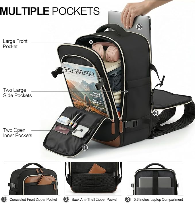 TILYMOL Travel Backpack for Women & Men - 15.6 inch Laptop Backpack Airplane Flight Approved, Large Carry On Anti-theft Bag for Travel Work Business Weekender