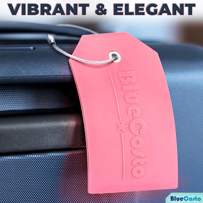 BlueCosto - Luggage Tags - Large, Pink, 5 PK - PVC Suitcase Tags w/Privacy Cover & Stainless Steel Wire Loops - Personalized Baggage Identifiers for Travel - Backpack Name Labels