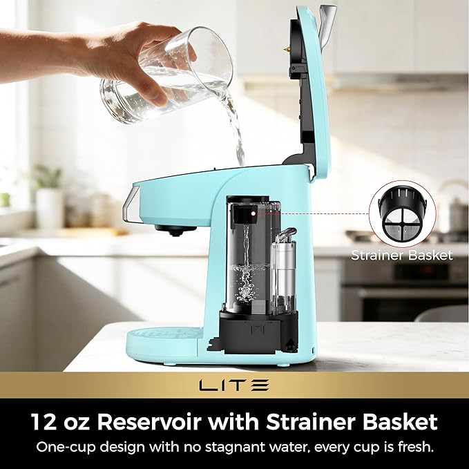 CHULUX Lite Single Serve Coffee Maker for K Cup Capsules, Single Cup Reservoir Coffee Maker with One Touch Brewing, 5 to 12 Oz Brew Sizes, Designed Specifically for Standard Mugs, Cyan