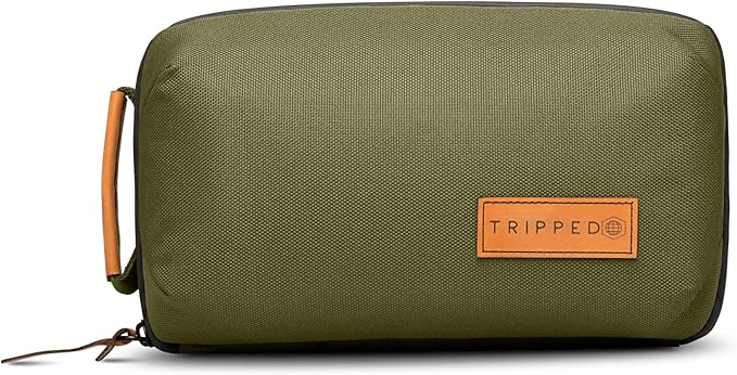 Tech Bag Organizer - Small Electronics Organizer Pouch for Travel - Premium Travel Case with Leather Accents - Mesh Pocket for Cables, Cords and Chargers (Green)