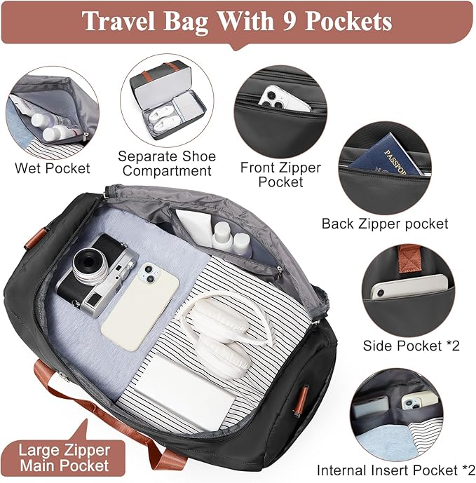 Travel Duffel Bag for Women, Carry-on Overnight Weekender Bags with Wet Pocket & Toiletry Bag, For Spirit Airlines 18x14x8 Personal Item Bag,Small,Black & Brown