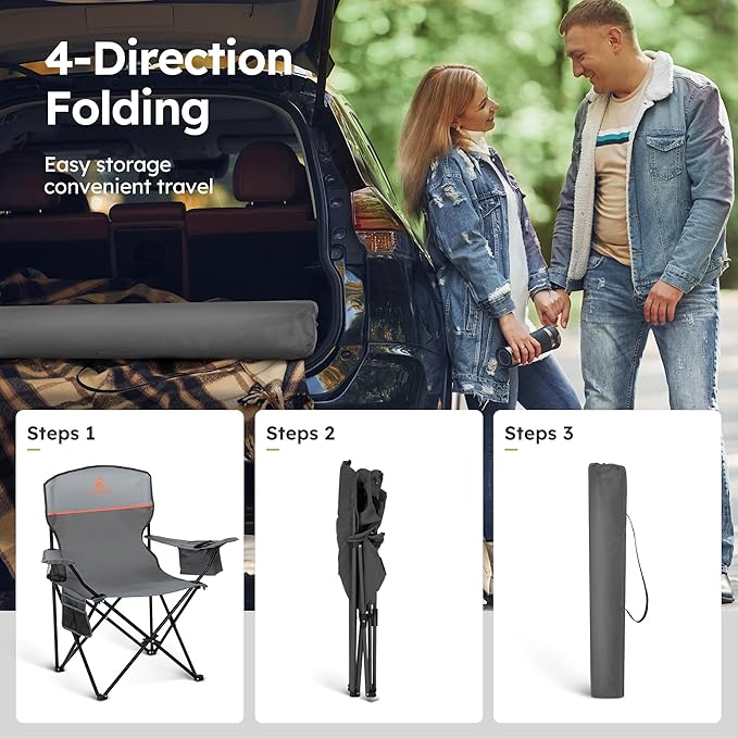 ALPHA CAMP Camping Chairs 250LBS Capacity, Heavy Duty Folding Chair with 4-Can Cooler Bag, Portable Outdoor Chair with Cup Holder for Adults, Collapsible for Tailgating, Beach, Fishing,Black,2PC