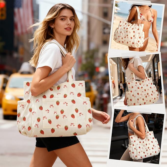 Corduroy Tote Bag for Women,Large Capacity Cute Tote Bags With 6 Pockets,Crossbody Shoulder Handbag for Work Travel Gym