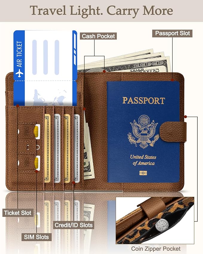 Slohif Passport Wallet Holder Cover for Travel - Women Men RFID Blocking Passport Book Case Protector, Brown Leopard Cheetah Leather Personalized Organizer Slim Carrier Boarding Pass Cards Slots