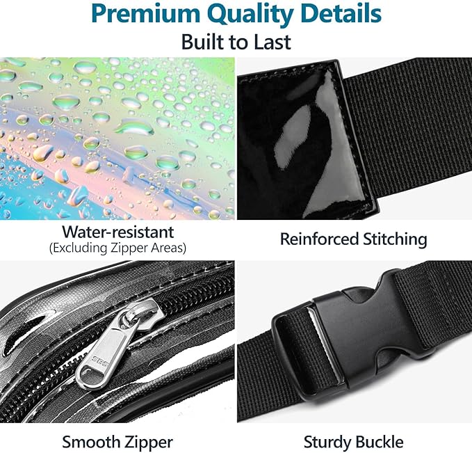 Veckle Holographic Fanny Pack for Women - Plus Size 35-51 Inch Iridescent Clear Belt Bag, Adjustable Crossbody Waist Bag for Concert, Festivals, Raves, Theme Parks, Black