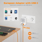 TESSAN European Travel Plug Adapter 2 Packs, Type C Europe Adaptor Foldable Plug 4 Outlets 3 USB(1 USB C PD 20W), US to Spain France Italy Germany Denmark Iceland European Travel Must Haves